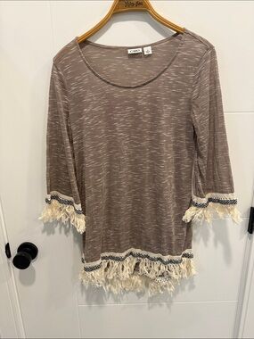 Cato Taupe Fringe-Trim Scoop Neck Tunic size small